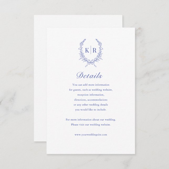 Botaniacal Crest Monogram Wedding Details Card (Front/Back)