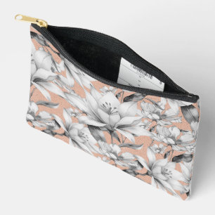 Botanic black white rose gold glitter flowers accessory pouch