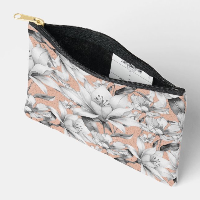 Botanic black white rose gold glitter flowers accessory pouch (Open)
