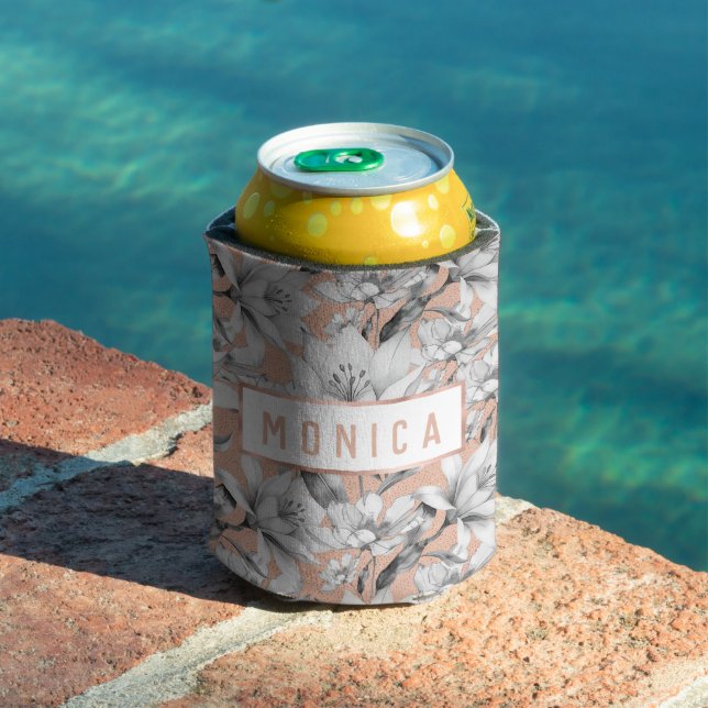  Botanic black white rose gold glitter flowers Can Cooler (In Situ Pool)