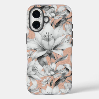 Botanic black white rose gold glitter flowers iPhone 16 case
