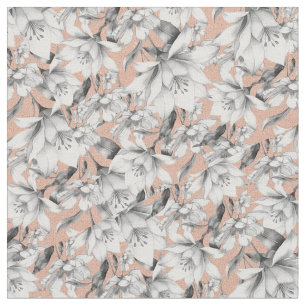 Botanic black white rose gold glitter flowers fabric
