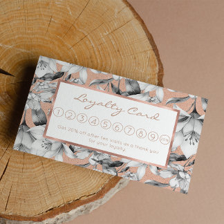 Botanic black white rose gold glitter flowers loyalty card