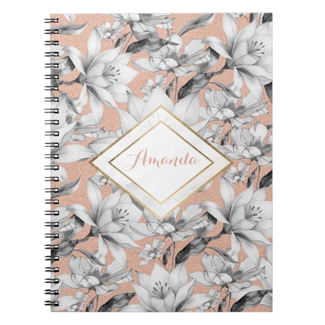 Botanic black white rose gold glitter flowers notebook (Front)