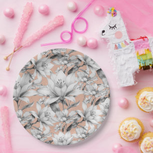 Botanic black white rose gold glitter flowers paper plate