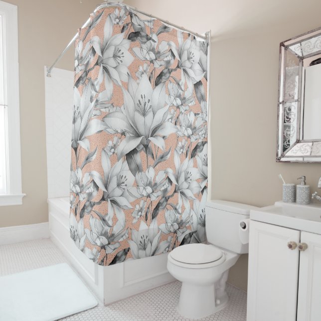 Botanic black white rose gold glitter flowers shower curtain (In Situ)