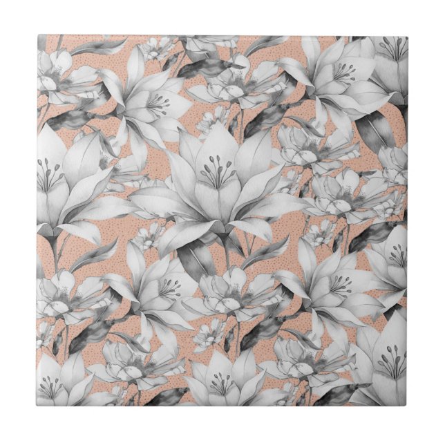  Botanic black white rose gold glitter flowers Tile (Front)