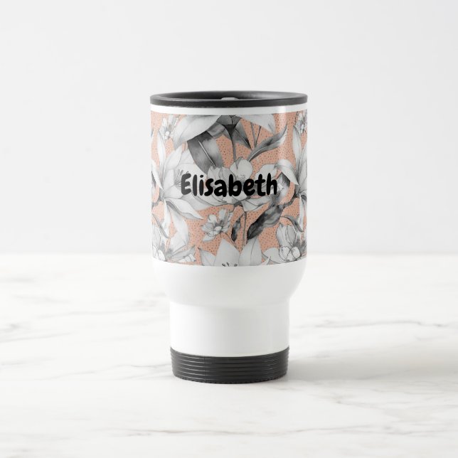 Botanic black white rose gold glitter flowers travel mug (Center)