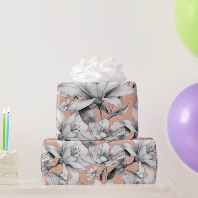 Botanic black white rose gold glitter flowers wrapping paper (Party Gifts)
