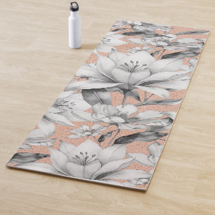 Botanic black white rose gold glitter flowers yoga mat