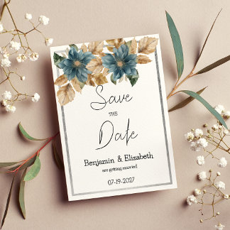 Botanic blue brown silver floral Save the Date Invitation