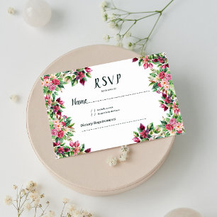Botanic burgundy pink green floral country RSVP Invitation