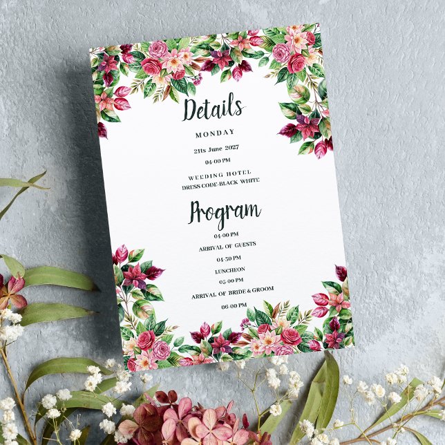 Botanic burgundy pink green floral Details Program Invitation (Botanic burgundy pink green floral Details Program)
