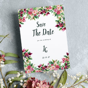 Botanic burgundy pink green floral Save The Date Invitation