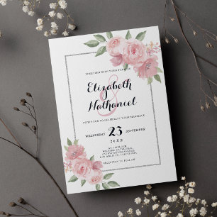 Botanic coral pink green floral ampersand wedding  invitation