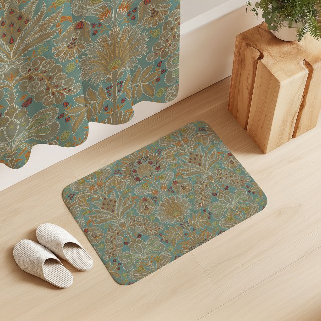 Botanic Damask Duck Egg Blue Bronze Beige Bath Mat (Creator Uploaded)