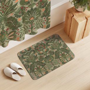 Botanic Damask Olive Sage Green Red Orange Bath Mat