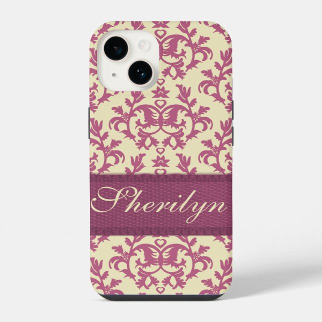 Botanic damask pink plum custom name iPhone case (Back)