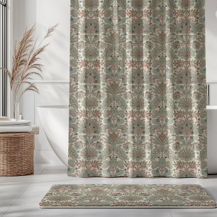 Botanic Damask Sage Green Red Orange Cream Shower Curtain
