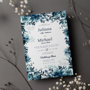 Botanic indigo watercolor floral frame Wedding  Invitation