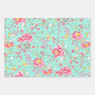 Botanic Japanese Flower Pattern Turquoise Wrapping Paper Sheet