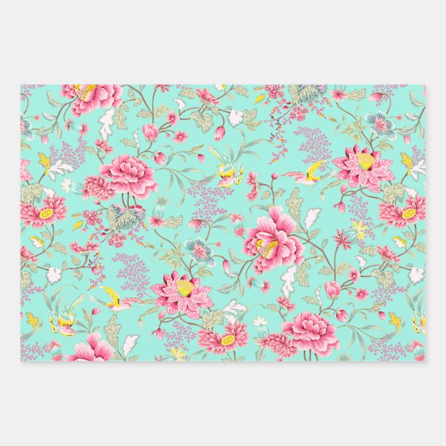 Botanic Japanese Flower Pattern Turquoise Wrapping Paper Sheet (Front)