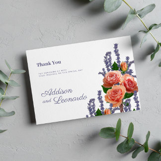 Botanic lavender peach rose flowers Thank You Invitation
