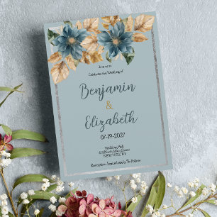 Botanic mauve blue brown silver floral Wedding Invitation