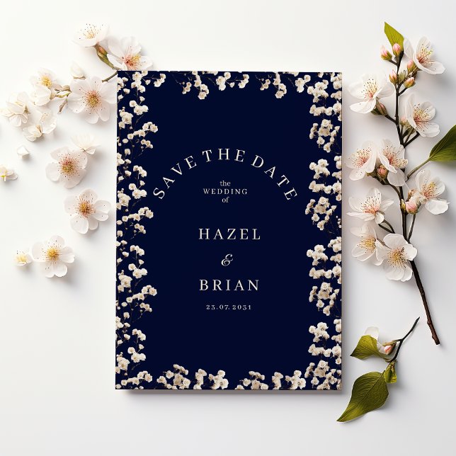 Botanic navy blue ivory gypsophila Save the Date Invitation (Botanic navy blue ivory gypsophila Save the Date)