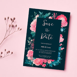 Botanic nordic blue green pink flora Save the Date Invitation