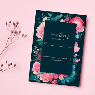 Botanic nordic blue green pink floral RSVP Invitation