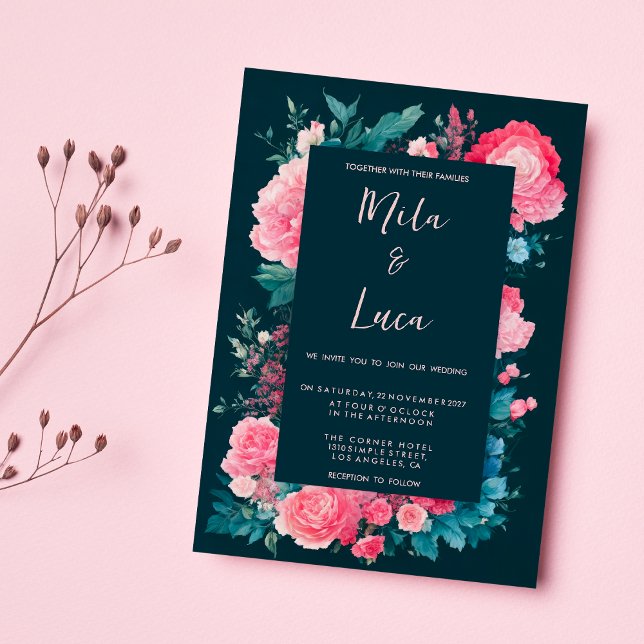 Botanic nordic blue green pink floral Wedding Invitation (Botanic nordic blue green pink floral Wedding )