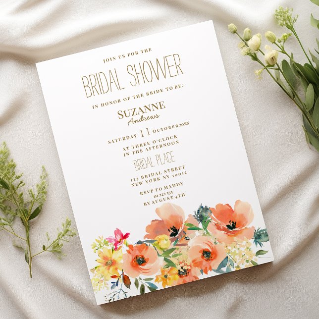 Botanic orange yellow pink floral Bridal Shower Invitation (Botanic orange yellow pink floral Bridal Shower)