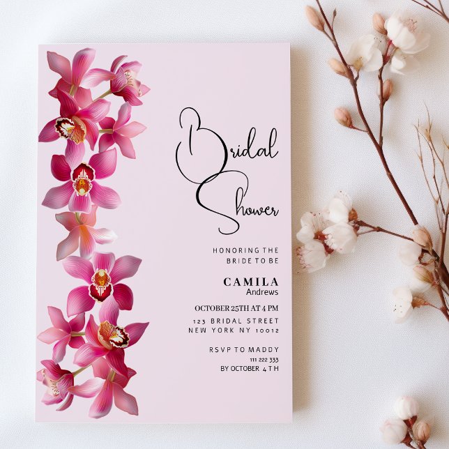Botanic pink burgundy orchids flower Bridal Shower Invitation (Botanic pink burgundy orchids flower Bridal Shower)