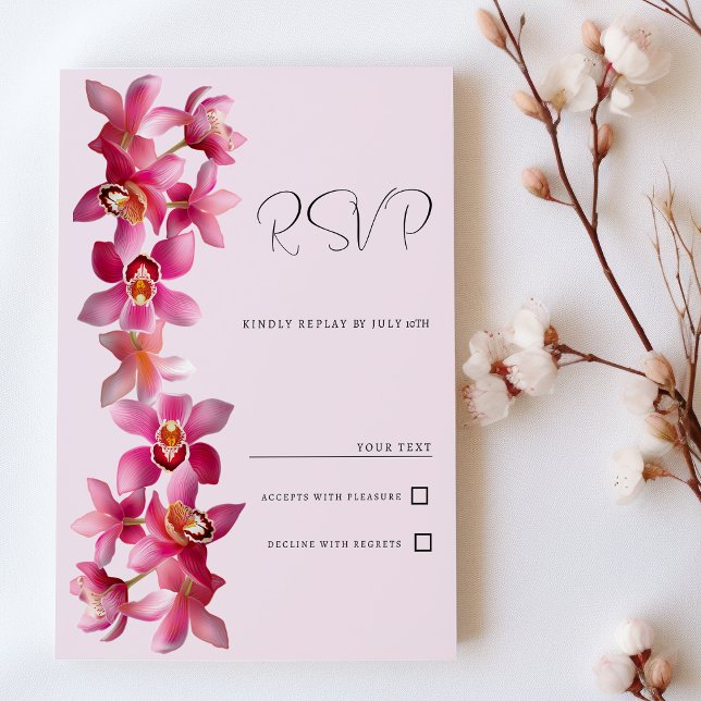 Botanic pink burgundy orchids flowers RSVP Invitation (Botanic pink burgundy orchids flowers RSVP)