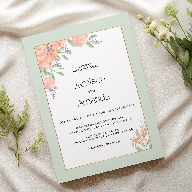 Botanic pink coral mint spring floral Wedding Invitation (Botanic pink coral mint spring floral Wedding )