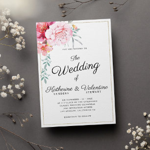Botanic pink mint formal script floral wedding invitation