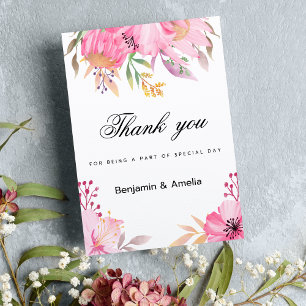 Botanic pink orange watercolor flowers Thank You  Invitation