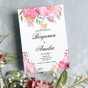 Botanic pink orange watercolor flowers Wedding Invitation