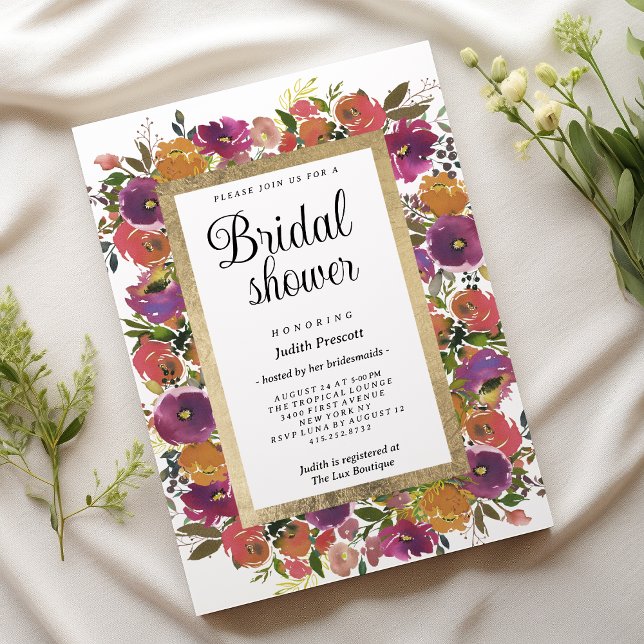 Botanic purple orange pink floral Bridal Shower  Invitation (Botanic purple orange pink floral Bridal Shower)
