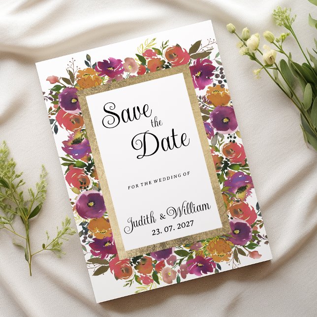 Botanic purple orange pink floral Save the Date Invitation (Botanic purple orange pink floral Save the Date)