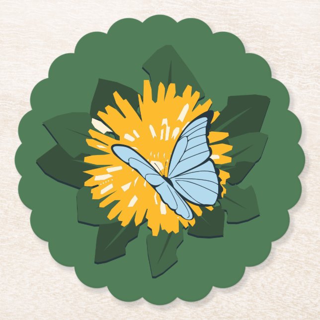 Botanic Stylised Dandelion Butterfly Yellow Green Paper Coaster (Front)