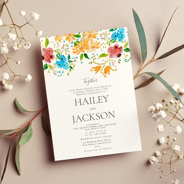  Botanic sun orange pink blue mint floral wedding Invitation (Botanic sun orange pink blue mint floral wedding Invitation)