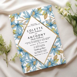 Botanic watercolor brown blue floral wedding invitation