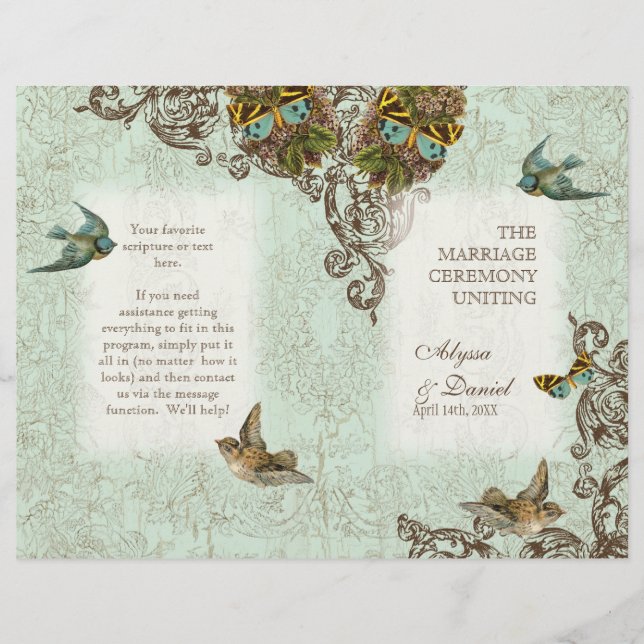 Botanica Birds Butterfly Swirl  Wedding Program (Front)
