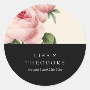 Botanica   Pink and Black Vintage Flower Wedding Classic Round Sticker