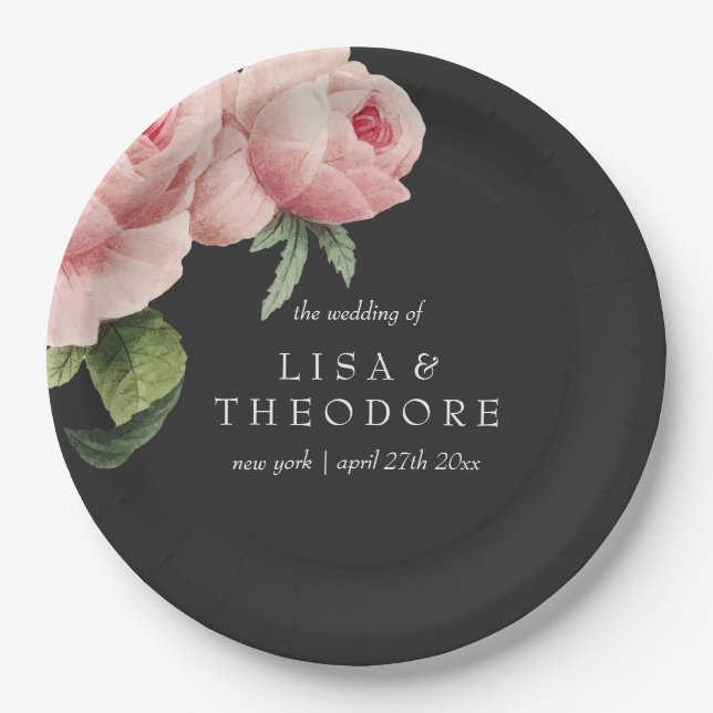 Botanica | Pink Grey vintage flower Wedding Paper Plate (Front)