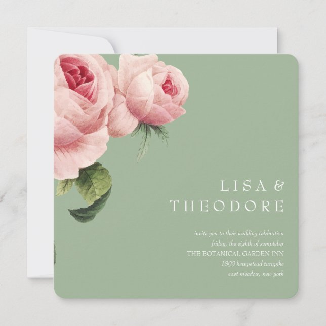 Botanica | Sage Vintage pink rose Wedding Invitation (Front)