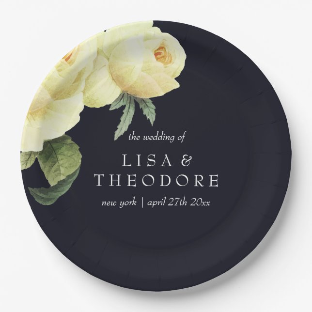 Botanica | Yellow Blue vintage flower Wedding Paper Plate (Front)