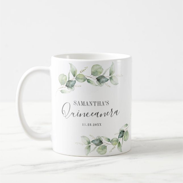Botanical 15th Birthday Eucalyptus Quinceanera Coffee Mug (Left)